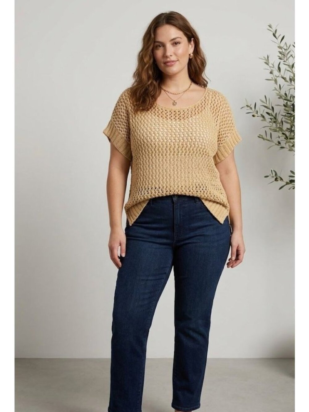 Vince Camuto Womens Beige Knit Short Sleeve Sweater Top Size M